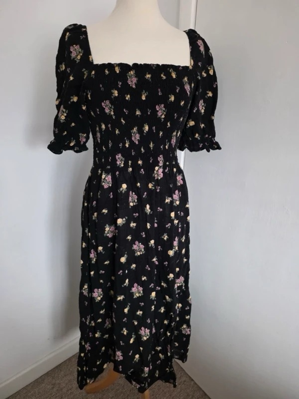 Smocked Square-Neck Midi Dress in Black Floral